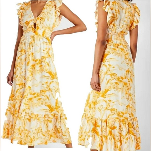 Express Women size Large Flutter Sleeve Tie Front Midi Linen Dress Yellow Gold - Picture 2 of 15